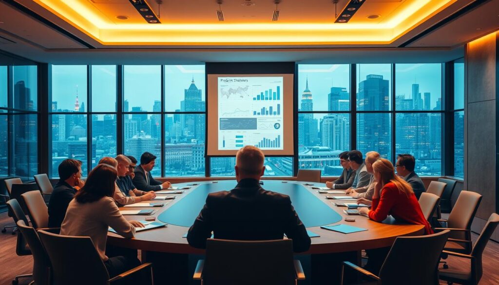A room where stakeholders gather, illuminated by warm, natural lighting. In the foreground, a large oval conference table with chairs around it, symbolizing collaboration and discussion. In the middle ground, a projection screen displaying project data and graphs, highlighting the exchange of information. In the background, floor-to-ceiling windows overlooking a bustling city skyline, conveying the broader context and significance of the stakeholder's decisions. The atmosphere is one of focused professionalism, with an air of anticipation and careful consideration.