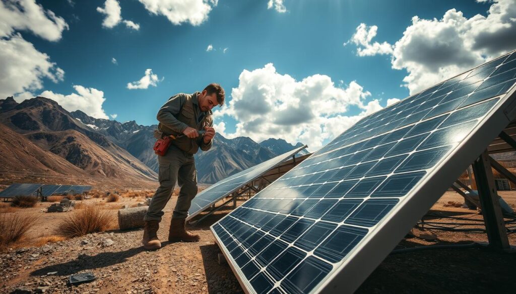 A rugged off-grid solar array set against a backdrop of a remote, mountainous landscape. In the foreground, a weathered technician carefully inspects the solar panels, tools in hand, ensuring the system is operating at peak efficiency. Sunlight filters through scattered clouds, casting dynamic shadows across the scene. The technician's worn work boots and durable clothing suggest the demanding nature of maintaining this self-sufficient power source in an unforgiving environment. The entire composition conveys a sense of dedication, technical expertise, and a harmonious integration of renewable energy with the natural world.