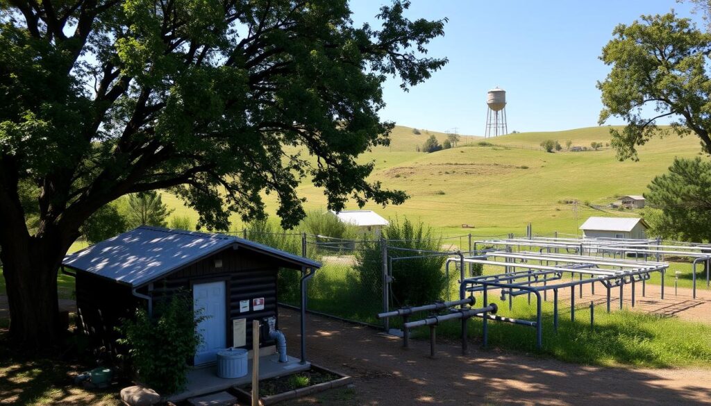 A rural community water system, nestled amidst rolling hills and lush greenery. In the foreground, a well-maintained pump house with a classic metal-roofed design, surrounded by a small garden. Towering trees provide dappled shade, as sunlight filters through the leaves. In the middle ground, a network of above-ground pipes and valves, expertly laid out to transport water to nearby homes. In the distance, a rustic water tower stands tall, its silhouette mirroring the undulating landscape. The scene exudes a sense of tranquility and self-sufficiency, capturing the essence of how rural communities harness their natural resources to meet their water needs.