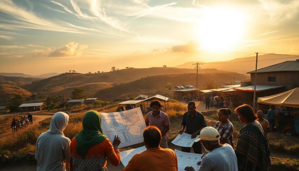 A rural village nestled amid rolling hills, the sun's golden rays filtering through wispy clouds. In the foreground, a community meeting unfolds, locals discussing water infrastructure plans and financing options. Midground, a group of engineers pore over technical diagrams, mapping out pipeline routes and pump station locations. In the background, a bustling local market, vendors selling produce and handcrafted wares, the scene infused with a sense of vibrant, community-driven progress. Soft, natural lighting illuminates the scene, lending an air of optimism and collaboration to this image of rural water projects financing.