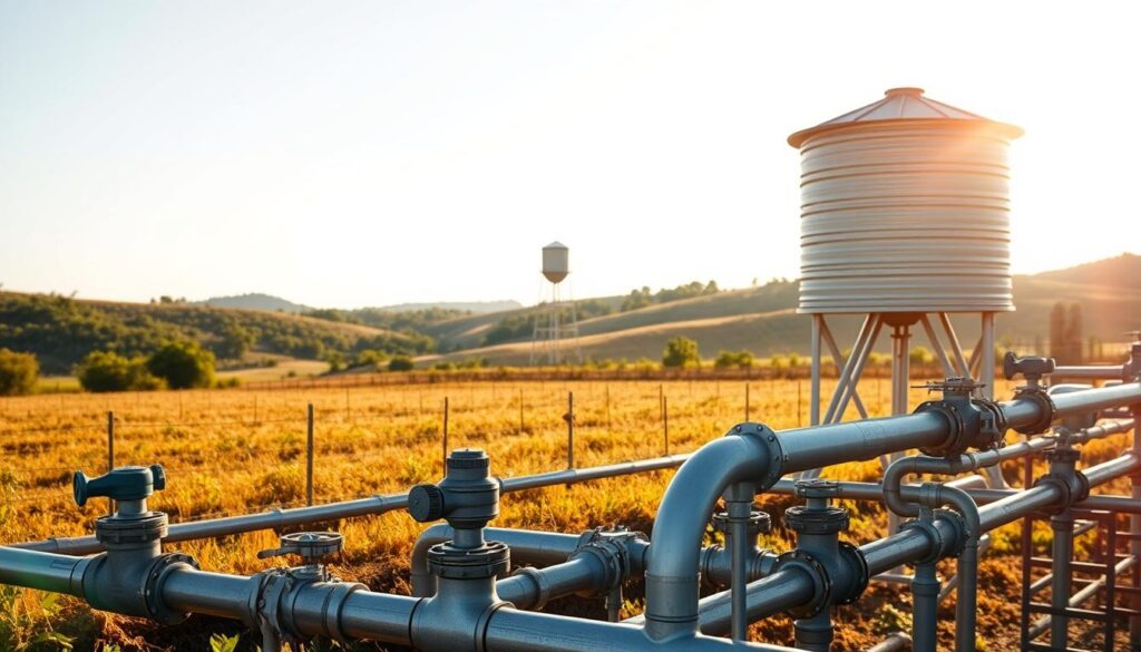 A rural water distribution system set against a picturesque countryside backdrop. In the foreground, a network of pipes and valves, meticulously engineered to efficiently channel water from a central source to nearby homes and farms. The middle ground showcases a small water tower, its steel structure silhouetted against a bright, open sky. In the distance, rolling hills dotted with lush vegetation provide a serene, pastoral setting. The scene is illuminated by warm, golden sunlight, casting long shadows and lending a sense of tranquility to the overall composition. The camera angle is slightly elevated, offering a comprehensive view of the system's integrated components and the harmonious integration with the surrounding rural landscape.