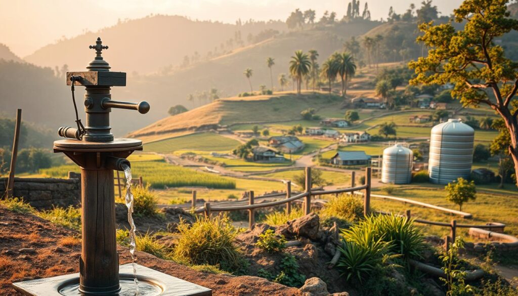 A rustic rural landscape with a well-constructed water system at the center. In the foreground, a wooden hand pump rises from a natural spring, its intricate mechanisms glistening in the warm afternoon sun. The middle ground showcases a network of sturdy pipes and storage tanks, expertly integrated into the rolling hills and lush vegetation. In the background, a small village nestled among verdant fields and towering trees, a testament to the community's self-reliance and ingenuity. The scene is bathed in a soft, golden light, conveying a sense of tranquility and pride in the successful implementation of this vital rural water project.