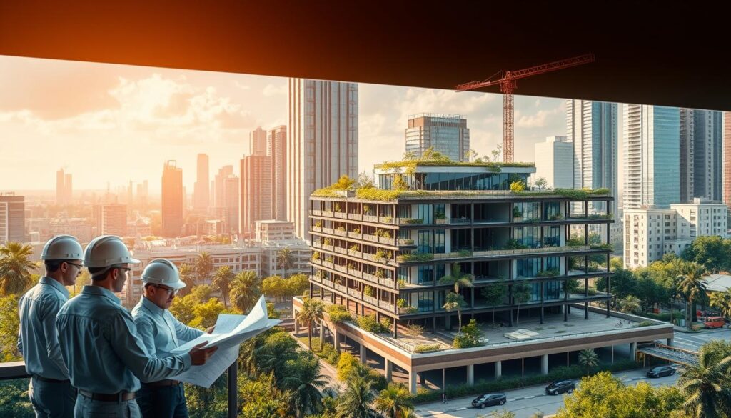 A scene depicting sustainable civil engineering practices in a modern urban setting. In the foreground, a group of engineers and architects examining blueprints and discussing sustainable design strategies, such as the use of renewable materials, energy-efficient systems, and water conservation methods. In the middle ground, a partially constructed building showcases environmentally-friendly construction techniques, including green roofs, solar panels, and permeable paving. In the background, a lush cityscape with towering skyscrapers and thriving green spaces, reflecting the integration of sustainable infrastructure within the urban landscape. The scene is bathed in warm, natural lighting, conveying a sense of progress and environmental responsibility in the field of civil engineering.