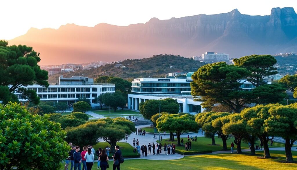 A scenic view of the iconic University of Cape Town campus, nestled against the majestic backdrop of Table Mountain. In the foreground, students gather on the lush, tree-lined paths, engaged in animated discussions. The middle ground showcases the university's renowned civil engineering facilities, with modern, architecturally striking buildings housing state-of-the-art laboratories and lecture halls. The background is bathed in a warm, golden light, reflecting the institution's reputation for academic excellence and innovation. The overall atmosphere conveys a sense of intellectual vibrancy, with a touch of tranquility, befitting a leading African center for civil engineering education.