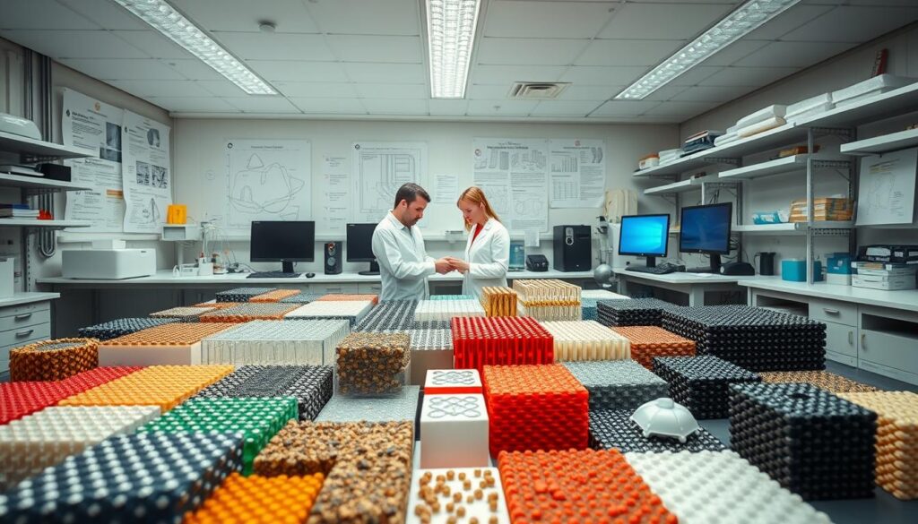 A scientific laboratory filled with various smart materials. In the foreground, a collection of samples showcasing different types of smart materials, such as shape-memory alloys, piezoelectric ceramics, and electrochromic polymers. In the middle ground, scientists in lab coats carefully examining and testing the materials under bright, evenly-distributed lighting. In the background, a wall of technical diagrams, schematics, and computer displays providing detailed information about the properties and applications of these advanced materials. The overall scene conveys a sense of innovation, research, and the potential of smart materials to revolutionize the construction industry.