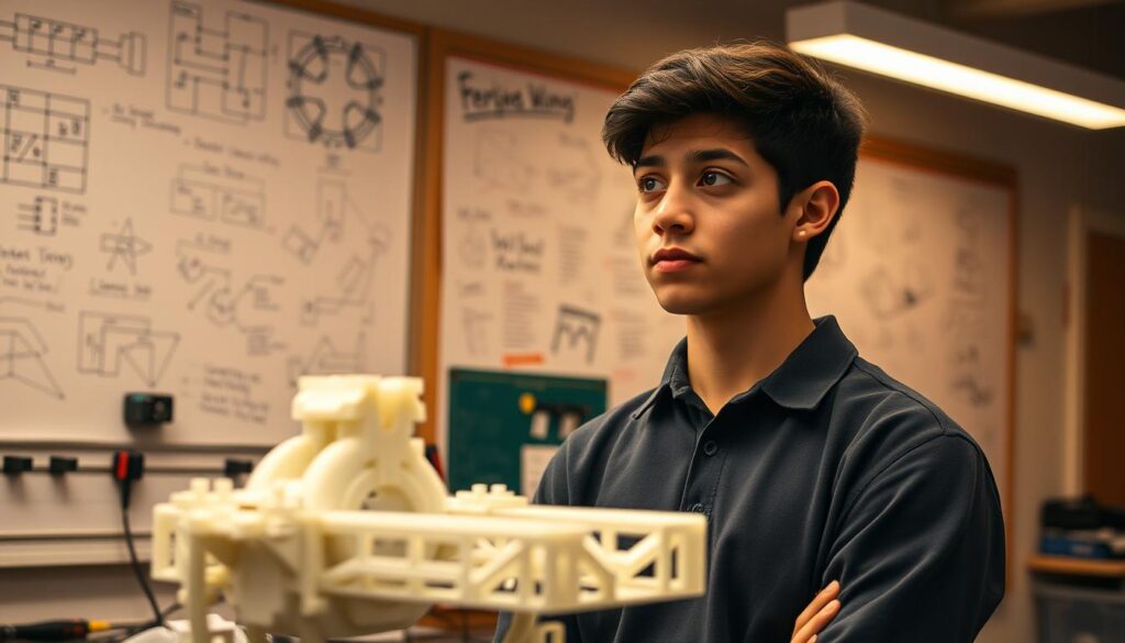 A senior engineering student standing in a workshop, thoughtfully reflecting on their capstone project. In the foreground, a detailed 3D-printed prototype, the result of countless hours of design, testing, and iteration. The student's expression is pensive, conveying a sense of accomplishment and the weight of the experience. In the background, a wall of technical diagrams, sketches, and whiteboards, capturing the intellectual journey. Warm, focused lighting illuminates the scene, creating a contemplative atmosphere. The image invokes the process of problem-solving, the challenges overcome, and the pride of completing a significant engineering milestone.