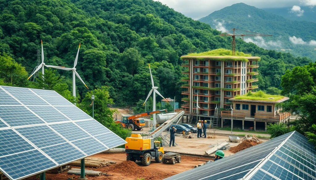 A serene construction site nestled in lush, verdant surroundings. In the foreground, solar panels and wind turbines harness renewable energy, powering the heavy machinery at work. The middle ground showcases a team of engineers collaborating on sustainable building designs, utilizing eco-friendly materials and techniques. In the background, a modern, energy-efficient high-rise takes shape, its sleek lines and green roof blending seamlessly with the natural landscape. Soft, diffused lighting illuminates the scene, creating a tranquil and harmonious atmosphere that embodies the principles of sustainable civil engineering.