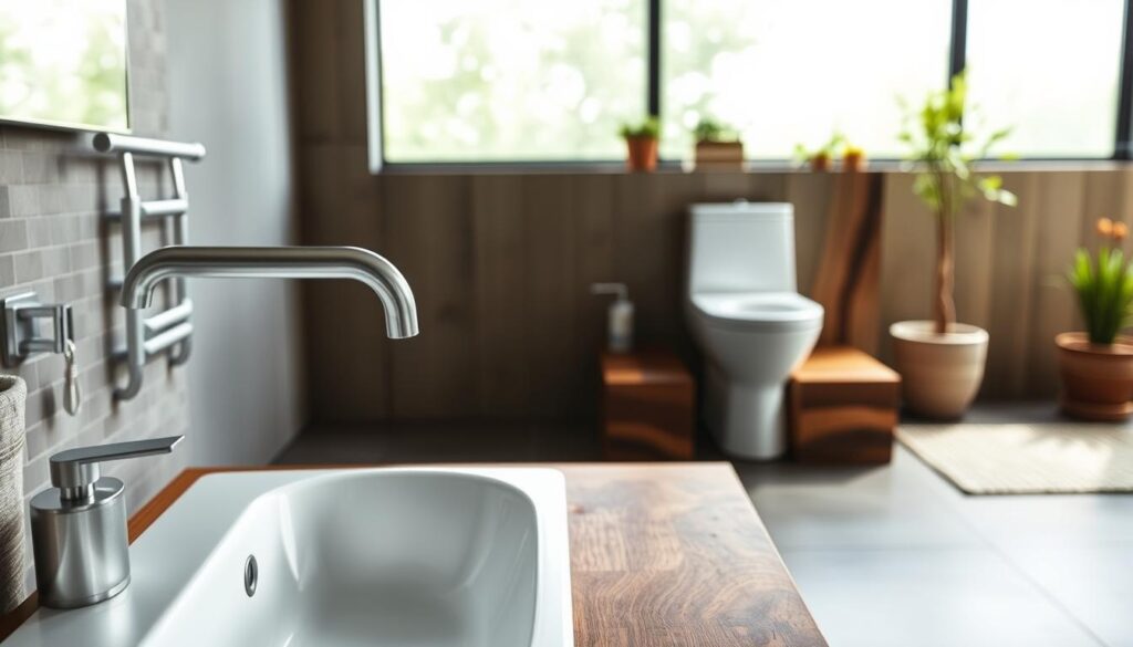 A serene, eco-friendly bathroom setting showcasing sustainable plumbing solutions. In the foreground, a modern faucet with a sleek, minimalist design, powered by a low-flow mechanism. Behind it, a porcelain sink basin rests on a vanity crafted from reclaimed wood, exuding a natural, rustic charm. In the middle ground, a high-efficiency, dual-flush toilet stands tall, its streamlined form highlighting its water-saving capabilities. The background features a large window, allowing natural light to flood the space and illuminate energy-efficient LED lighting fixtures. The overall mood is one of tranquility and environmental consciousness, conveying the beauty and practicality of eco-friendly plumbing.