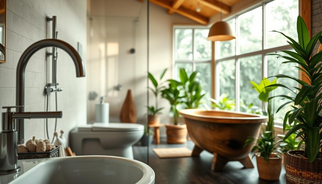 A serene eco-friendly bathroom with natural materials and sustainable plumbing fixtures. In the foreground, a sleek low-flow faucet and a composting toilet are highlighted. The middle ground features water-efficient showerheads and a clawfoot tub made of reclaimed wood. The background showcases lush potted plants, soft mood lighting, and large windows letting in abundant natural light. The overall atmosphere is calming, minimalist, and environmentally conscious, showcasing plumbing solutions that are both functional and environmentally friendly.