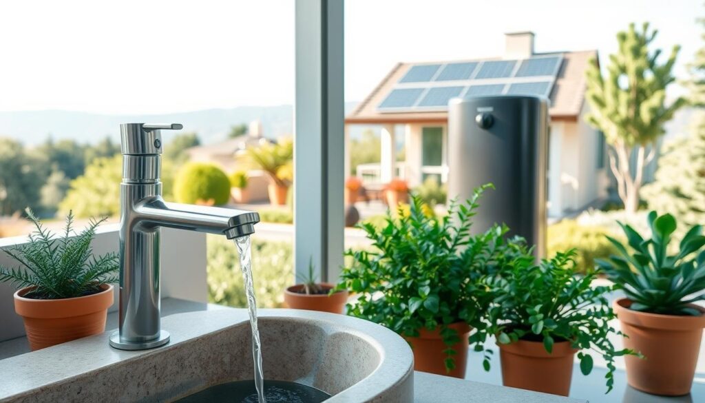 A serene, eco-friendly plumbing scene. In the foreground, a sleek, water-conserving faucet with a modern, clean design flows gently into a basin made of natural stone. The middle ground features a tankless water heater with a sleek, minimalist profile, surrounded by lush, verdant plants in terracotta pots. In the background, a panoramic view of a sustainable, energy-efficient home with solar panels on the roof, surrounded by a well-manicured, drought-tolerant garden. Soft, natural lighting filters through large windows, creating a tranquil, environmentally-conscious atmosphere.