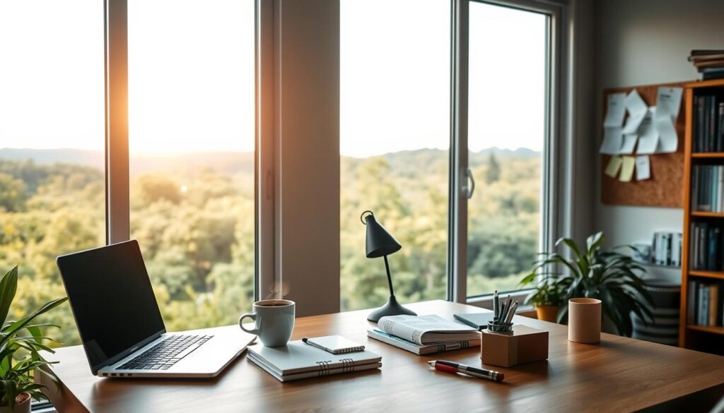 A serene home office overlooking a lush, verdant landscape. Soft, diffused sunlight filters through large windows, casting a warm glow over the workspace. On the desk, a laptop, a notebook, and a cup of steaming coffee sit amidst neatly organized office supplies. The walls are adorned with minimalist artwork and a corkboard displaying project timelines and sticky notes. In the background, a bookshelf filled with technical manuals and reference materials. The atmosphere is one of focused productivity and tranquility, reflecting the best practices for remote site engineering projects.