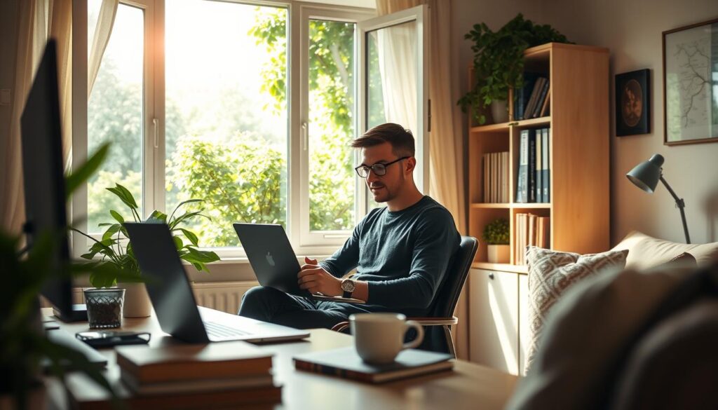 A serene home office with natural light streaming in, a comfortable desk, and a cozy reading nook. In the middle ground, a person sitting at the desk, deeply focused yet relaxed, balancing a laptop and a mug of coffee. In the background, lush greenery visible through the window, conveying a sense of harmony and work-life integration. The scene is illuminated by soft, warm lighting, creating a tranquil and productive atmosphere. The overall composition highlights the importance of maintaining a healthy work-life balance in the engineering profession.
