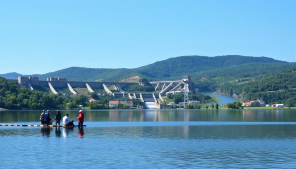 A serene lakeside landscape, reflecting the clear blue sky above. In the foreground, a group of individuals engaged in discussions, representing the policy and regulatory aspects of water management. The middle ground showcases various water infrastructure elements, such as dams, canals, and water treatment facilities, symbolizing the technical aspects of hydrological engineering. The background features lush, verdant hills and a winding river, conveying the natural beauty and resources that need to be carefully balanced. The lighting is soft and diffused, creating a contemplative atmosphere. The perspective is slightly elevated, allowing the viewer to observe the intricate interplay between human interventions and the natural environment.