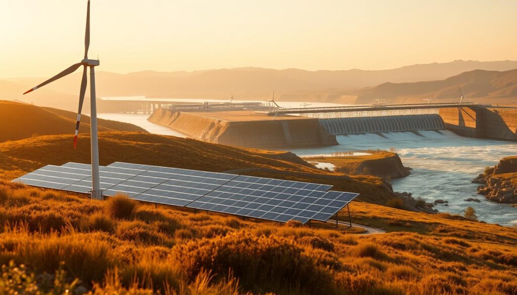 A serene landscape bathed in warm, golden sunlight. In the foreground, a modern wind turbine stands tall, its blades gracefully rotating to harness the power of the gentle breeze. In the middle ground, solar panels are arranged in a sleek, geometric pattern, their reflective surfaces capturing the sun's energy. In the distance, a futuristic hydroelectric dam spans across a rushing river, its turbines spinning to generate clean, renewable electricity. The scene exudes a sense of harmony and balance, showcasing the integration of various sustainable energy solutions in a visually striking and environmentally conscious manner.