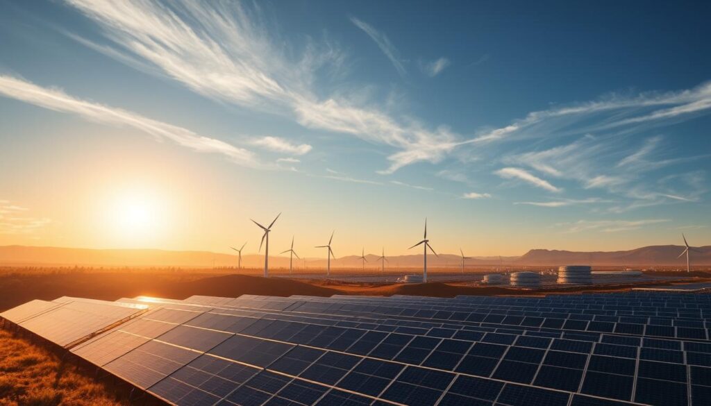 A serene landscape bathed in warm, golden sunlight. In the foreground, a vast array of solar panels, their sleek, reflective surfaces capturing the sun's energy. In the middle ground, wind turbines gracefully rotating, their blades cutting through the air with precision. Toward the horizon, a mix of hydroelectric dams and geothermal plants, harnessing the power of water and the earth's internal heat. The sky is clear, with wispy clouds drifting overhead, creating a sense of tranquility and harmony. The scene conveys a vision of a sustainable future, where renewable energy sources coexist in perfect balance, powering a thriving and eco-friendly civilization.