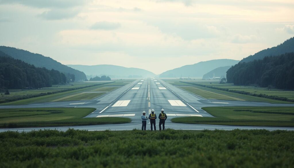 A serene landscape featuring a modern airport runway in the foreground, with lush, verdant vegetation on the sides and a tranquil, overcast sky above. The runway is flanked by dense forests and rolling hills, symbolizing the delicate balance between infrastructure development and environmental preservation. In the middle ground, a team of engineers examines the runway, evaluating its impact on the surrounding ecosystem. Subtle lighting creates a contemplative atmosphere, highlighting the careful planning and decision-making required to minimize the environmental footprint of runway engineering projects.