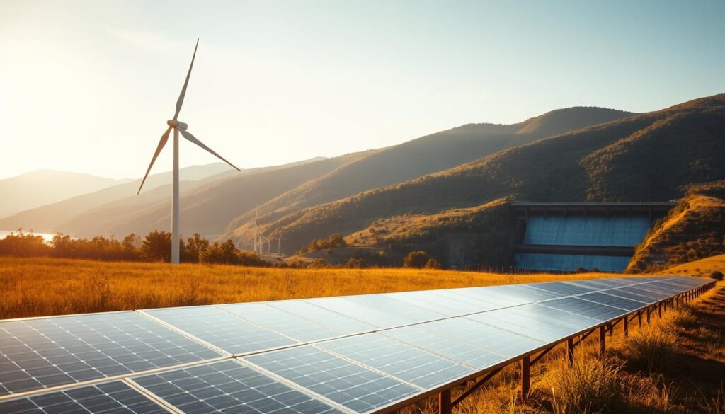 A serene landscape showcasing sustainable energy solutions. In the foreground, a solar panel array stands tall, its shimmering surface capturing the warm glow of the sun. In the middle ground, a wind turbine gracefully rotates, its blades cutting through the air with a gentle hum. In the distance, a hydroelectric dam stands, its calm waters reflecting the surrounding verdant hills. The scene is bathed in a soft, golden light, conveying a sense of harmony and progress. The overall atmosphere exudes a feeling of tranquility and hope, symbolizing the potential for a more sustainable and resilient future.