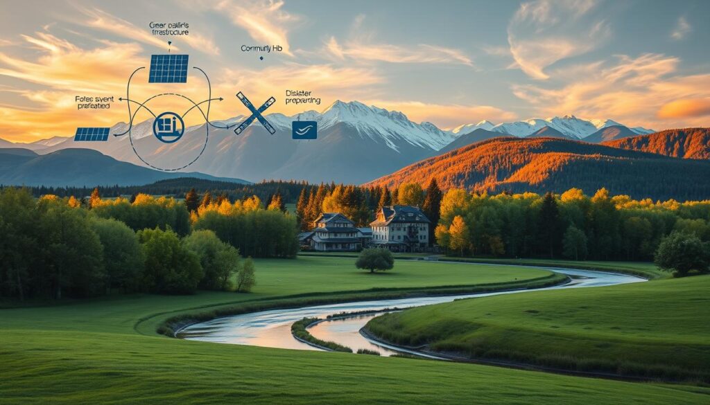 A serene landscape showcasing the key elements of an effective climate resilience plan. In the foreground, a lush green meadow with a winding river. Floating above, a network of interconnected climate adaptation strategies - solar panels, green infrastructure, and disaster preparedness plans. In the middle ground, a thriving community hub powered by renewable energy, surrounded by verdant trees. The background features majestic snow-capped mountains, illuminated by warm, golden sunlight filtering through wispy clouds. The scene conveys a sense of harmony between human ingenuity and the natural world, highlighting the pivotal role of adaptive planning in building climate-resilient businesses and communities.