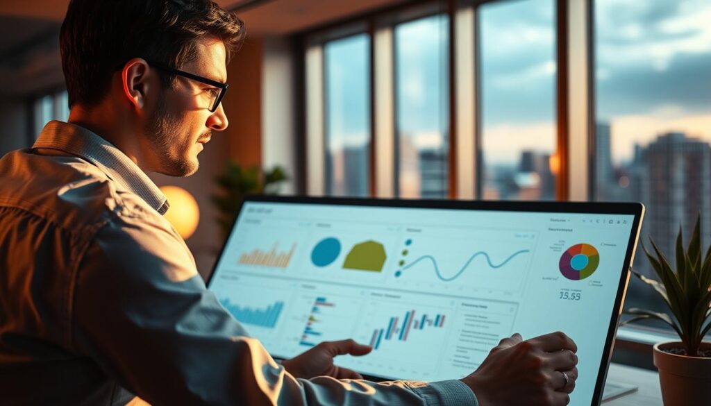 A serene office environment with a focused project manager carefully analyzing risk factors on a holistic dashboard. Warm lighting casts a pensive glow, highlighting the manager's thoughtful expression as they navigate complex data visualizations. In the background, a large window overlooks a bustling cityscape, symbolizing the broader context in which risks must be managed. The overall scene conveys a sense of diligence, strategic foresight, and the delicate balance required in effective risk management for a successful project.