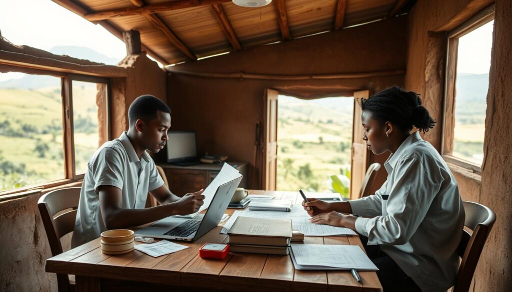 A serene office setting in a modest yet vibrant African village, with young engineering interns collaborating at a wooden desk, surrounded by technical drawings, laptops and reference materials. Soft, diffused natural light filters through the large windows, casting a warm glow on the scene. In the background, a lush, green landscape with rolling hills and distant peaks is visible, hinting at the rural, community-focused nature of the non-profit organization. The overall atmosphere conveys a sense of purpose, innovation and a commitment to sustainable development.
