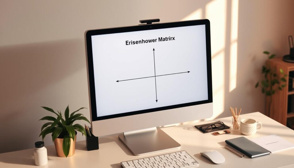 A serene office setting with an Eisenhower Matrix diagram displayed prominently on a computer screen. The diagram is crisp and clear, with four quadrants representing the four categories of tasks: Urgent and Important, Not Urgent but Important, Urgent but Not Important, and Neither Urgent nor Important. The lighting is warm and natural, casting a subtle glow on the scene. The camera angle is slightly elevated, giving a bird's-eye view of the workspace, emphasizing the importance of the task prioritization tool. The surrounding environment is minimalist, with a clean desk, a plant, and a few personal touches, creating a focused and productive atmosphere.