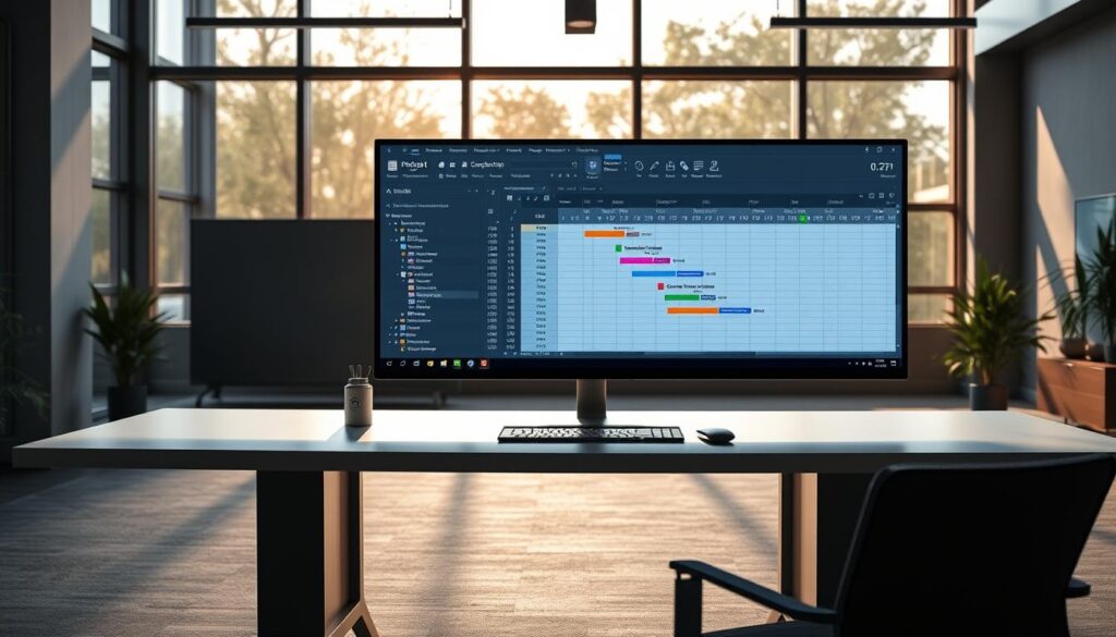A serene office space with a large, modern desk showcasing Microsoft Project software's intuitive interface. The desk is illuminated by warm, natural lighting filtering through floor-to-ceiling windows, creating a productive and inviting atmosphere. On the screen, a Gantt chart displays a meticulously planned civil engineering project, complete with task timelines, resource allocations, and progress indicators. Sleek, minimalist decor and a subtle color palette of grays and blues evoke a professional, technology-driven environment tailored for civil engineers' project management needs.