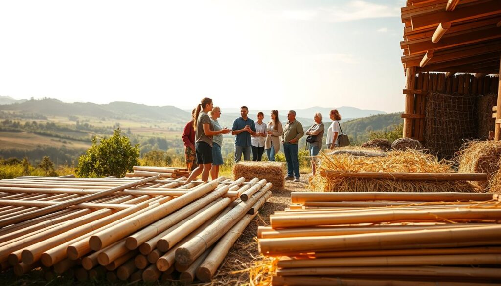 A serene outdoor scene showcasing an array of eco-conscious building materials. In the foreground, an assortment of natural wooden beams, bamboo poles, and straw bales are neatly arranged, emanating a warm, earthy ambiance. In the middle ground, a group of individuals, diverse in age and ethnicity, engage in a lively discussion, gesturing towards the building supplies, conveying a sense of community collaboration. The background features a picturesque landscape with rolling hills, lush greenery, and a clear, azure sky, bathed in soft, diffused lighting, creating a calming and inspirational atmosphere that reflects the ethos of sustainable construction.