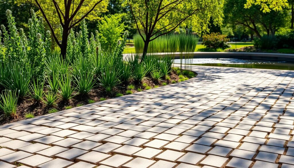 A serene outdoor scene showcasing eco-friendly pavement solutions. In the foreground, a well-designed pathway made of permeable pavers, allowing rainwater to naturally percolate into the ground. The pavers are arranged in an attractive, interlocking pattern, blending seamlessly with the surrounding landscape. In the middle ground, lush greenery, including drought-tolerant plants and trees, create a natural, sustainable environment. Sunlight filters through the foliage, casting soft shadows and highlighting the textural details of the pavement. The background features a tranquil pond or water feature, reflecting the natural beauty of the scene. The overall atmosphere conveys a sense of harmony between the built environment and the natural world.