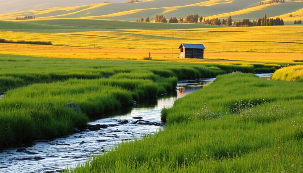 A serene rural landscape with a natural water source at the center. In the foreground, a gently flowing stream meanders through a lush, verdant meadow, its banks lined with tall grass and wildflowers. In the middle ground, a modest wooden structure, perhaps a small shed or shelter, stands nearby, providing a sense of human presence and utilization of the water source. The background is dominated by rolling hills and a distant tree line, bathed in the warm, golden glow of the afternoon sun. The overall scene conveys a sense of tranquility and the importance of this water source for the local community.