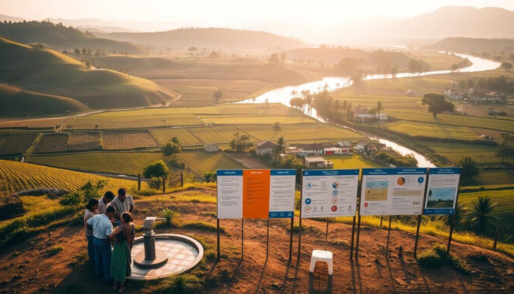 A serene rural landscape with rolling hills, verdant farmland, and a winding river. In the foreground, a group of local villagers gathered around a water pump, inspecting its workings and discussing maintenance protocols. In the middle ground, a series of neatly organized signposts and information boards detailing water quality regulations, safety guidelines, and community engagement initiatives. In the background, a picturesque backdrop of a nearby village, its traditional architecture and lush vegetation blending seamlessly with the natural environment. The scene is bathed in warm, golden sunlight, creating a sense of tranquility and community resilience. The overall composition conveys the careful balance between rural development, environmental sustainability, and community empowerment.