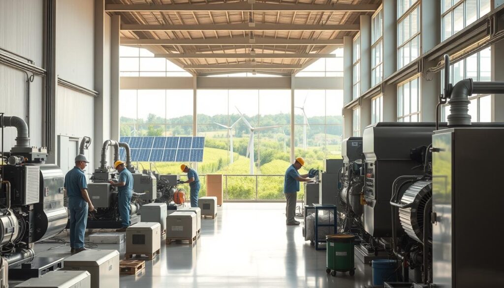 A serene scene of a well-maintained, eco-friendly industrial facility. In the foreground, workers diligently perform maintenance tasks on clean, energy-efficient machinery, utilizing sustainable practices like recycling and proper waste disposal. The middle ground features a lush, verdant landscape with solar panels and wind turbines, symbolizing the integration of renewable energy. The background showcases a modern, minimalist architecture with large windows allowing natural light to flood the interior, complementing the sustainable ethos. Soft, diffused lighting casts a warm, inviting glow, emphasizing the harmony between human, machine, and nature.