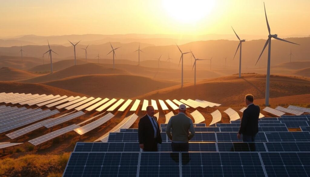 A serene solar farm nestled amidst rolling hills, with towering wind turbines casting long shadows across the landscape. In the foreground, government officials inspect the infrastructure, discussing investment opportunities and policy incentives that drive the shift towards renewable energy. The sky is bathed in a warm, golden glow, hinting at the promise of a sustainable future. The scene conveys a sense of progress, collaboration, and the crucial role of government in shaping the renewable energy landscape.