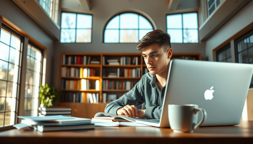 A serene study area, bathed in warm, natural light from large windows. A neatly organized desk with a laptop, textbooks, and a steaming cup of coffee, all framed by a bookshelf in the background. The atmosphere is one of focused determination, as a young civil engineering student prepares for the NCEES exam, their gaze fixed on the screen, brow furrowed in concentration. The room is spacious and uncluttered, creating a sense of calm and clarity, ideal for tackling the complexities of the exam.