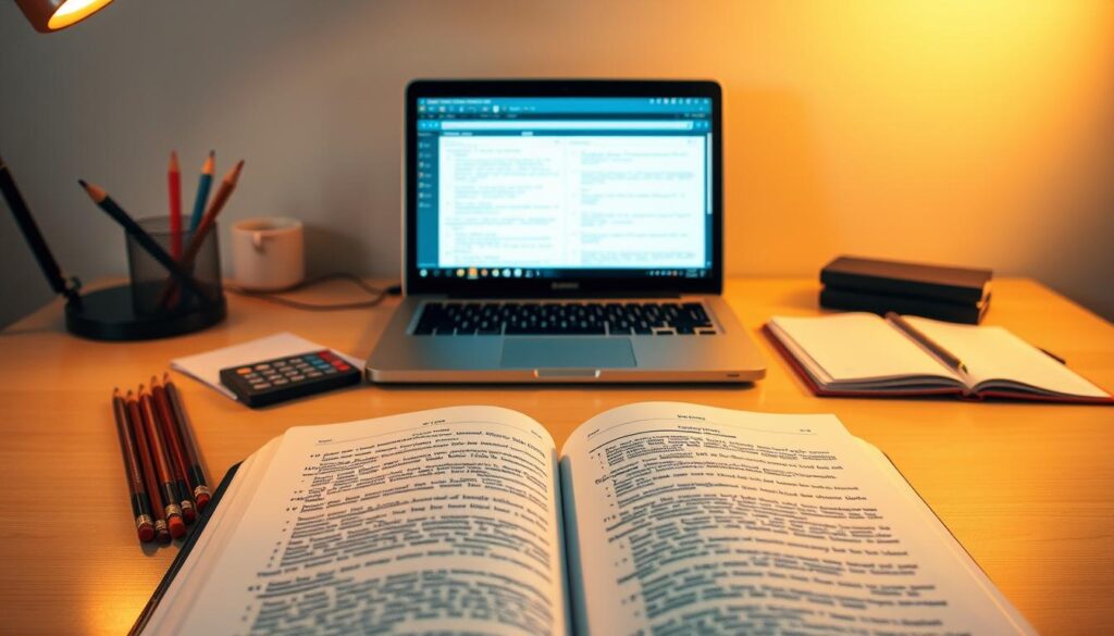 A serene study space, illuminated by warm, diffused lighting. In the foreground, an open NCEES Civil Exam reference book, its pages inviting the viewer to delve into its content. Surrounding it, carefully arranged stationery - sharpened pencils, a calculator, and a structured notebook, all symbolic of the dedicated preparation required. In the middle ground, a laptop displaying practice exam questions, its screen reflecting the determination of the aspiring engineer. The background features a minimalist desk, clean and uncluttered, allowing the viewer to focus on the task at hand. An air of focus and concentration pervades the scene, capturing the essence of the NCEES Civil Exam preparation process.