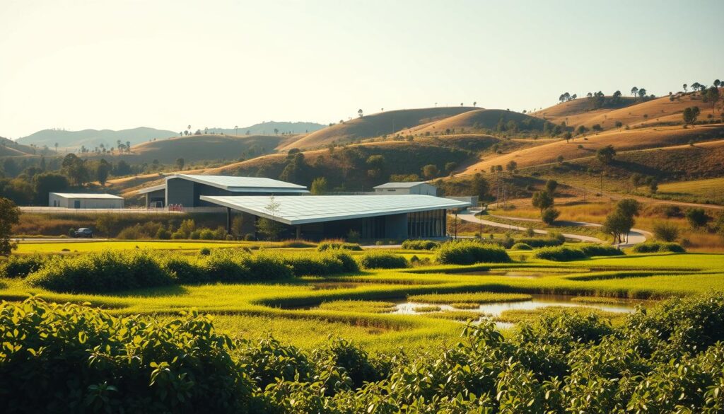 A serene, sun-dappled landscape showcasing sustainable water infrastructure design. In the foreground, a series of natural, bio-swale-based water treatment ponds, their surfaces reflecting the vibrant green foliage surrounding them. In the middle ground, a modern, low-profile water purification facility blends seamlessly into the environment, its angular roofline and solar panels creating a sense of harmony with the landscape. In the background, rolling hills dotted with native trees and vegetation, conveying a sense of ecological balance. The lighting is soft and diffused, casting a warm, inviting glow over the scene. The overall mood is one of sustainable, nature-inspired water management that coexists with the surrounding environment.