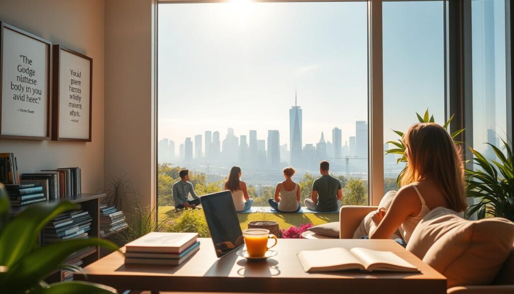 A serene, sun-dappled landscape with a warm, inviting atmosphere. In the foreground, a cozy, modern office space with comfortable furniture and soothing earth-toned decor. On the desk, a laptop, a cup of tea, and an array of self-help books and wellness resources. Framed inspirational quotes adorn the walls, and a large window overlooks a lush, verdant garden. In the middle ground, a group of people engaged in mindfulness exercises or group therapy sessions, their faces calm and reflective. In the background, a peaceful, tranquil cityscape with towering skyscrapers and a clear, blue sky, conveying a sense of urban tranquility and mental well-being.