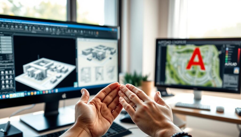 A serene, sun-dappled office setting with two desktops, one displaying the sleek Civil3D interface, the other the familiar AutoCAD layout. The Civil3D screen emanates a sense of advanced functionality, with intricate 3D models and detailed engineering plans. In contrast, the AutoCAD screen conveys a more streamlined, 2D-centric approach. In the foreground, a pair of hands hovers between the two, weighing the tradeoffs - the steeper learning curve of Civil3D against the comfort of AutoCAD's well-established tools. The background is softly blurred, emphasizing the decision-making process at hand.