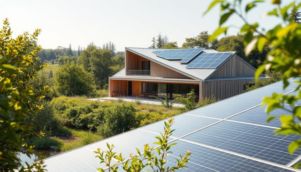 A serene, sun-dappled scene of a modern, energy-efficient building nestled amidst lush greenery. In the foreground, a sleek solar panel array adorns the gently sloping roof, harnessing the power of the sun. The middle ground features an array of sustainable building materials, such as reclaimed wood, recycled steel, and cutting-edge insulation systems. In the background, a verdant landscape with native plants and a tranquil pond reflects the building's harmonious integration with the natural environment. The overall mood is one of harmony, innovation, and a commitment to environmental stewardship.