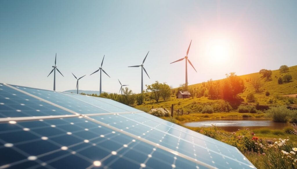 A serene, sun-drenched landscape showcasing a harmonious blend of eco-friendly energy solutions. In the foreground, sleek solar panels glisten, capturing the sun's radiant energy. Towering wind turbines gracefully spin, their blades cutting through the crisp, clear sky. A small, off-grid cabin nestled amidst lush greenery and blooming wildflowers. Nearby, a tranquil pond reflects the surrounding natural beauty, its surface rippling with the gentle movements of a hydroelectric turbine. The entire scene radiates a sense of environmental sustainability and balance, inviting the viewer to imagine a future where clean, renewable power coexists seamlessly with the untamed splendor of nature.
