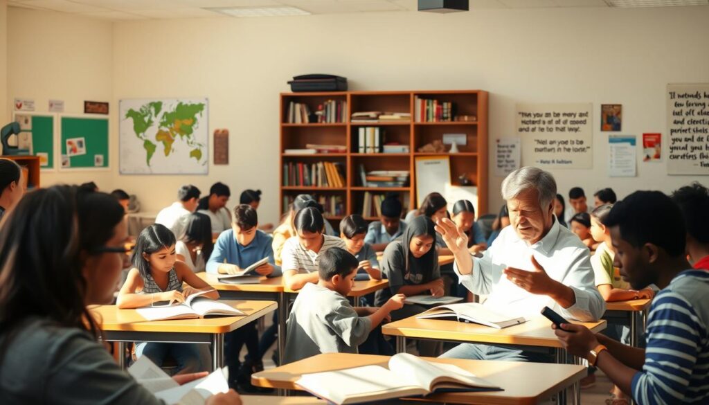 A serene, sunlit classroom filled with learners of all ages and backgrounds, engaged in a variety of activities. In the foreground, a student diligently takes notes while an instructor gestures animatedly, sharing knowledge. The middle ground features small groups collaborating, some perusing books, others tinkering with electronic devices. The background reveals a world map, bookshelves, and inspirational quotes adorning the walls, conveying a sense of global perspectives and lifelong curiosity. Soft, diffused lighting creates a warm, inviting atmosphere, encouraging continuous growth and discovery.