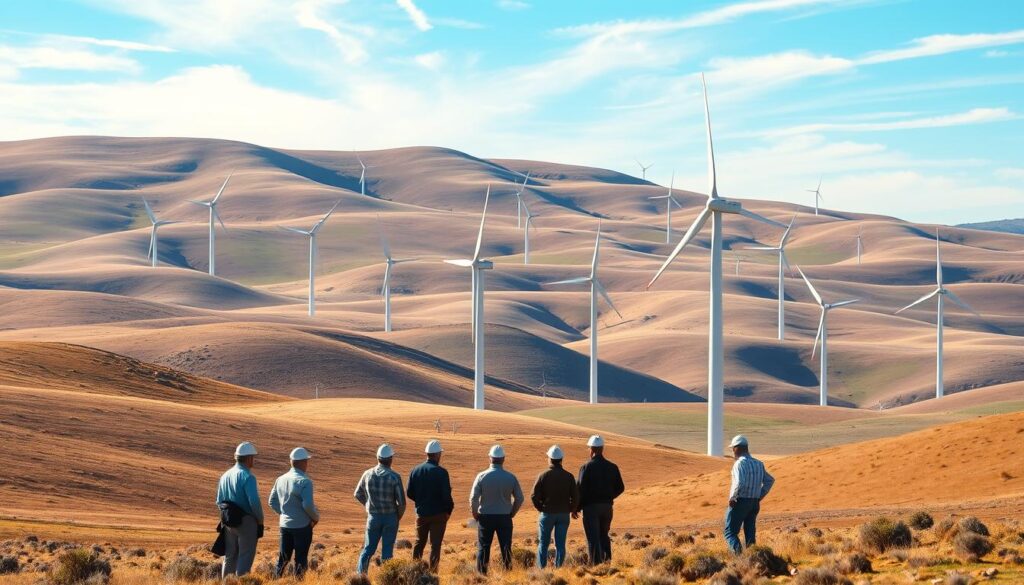 A serene, undulating landscape with a network of wind turbines scattered across rolling hills. The turbines stand tall, their blades gracefully sweeping through the air, harnessing the power of the wind. In the foreground, a group of wind farm developers and engineers inspecting the site, evaluating factors such as wind speed, direction, and topography. In the background, a clear blue sky with wispy clouds, suggesting favorable weather conditions. The scene conveys a sense of careful planning and site selection, with the wind farm seamlessly integrated into the natural environment.