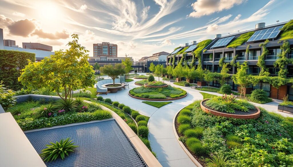 A serene urban landscape showcasing lush green infrastructure solutions. In the foreground, a vibrant rooftop garden with diverse plant life and a minimalist seating area. The middle ground features a permeable pavement pathway winding through a verdant public plaza, with rain gardens and bioswales capturing and filtering stormwater runoff. In the background, modern energy-efficient buildings with solar panels and green walls create an integrated, sustainable ecosystem. Warm golden sunlight filters through wispy clouds, casting a tranquil glow over the scene. Captured with a wide-angle lens, the image conveys a sense of harmony between nature and the built environment.