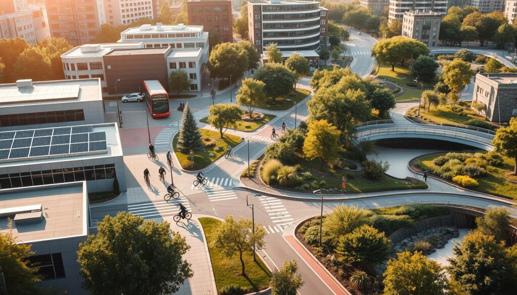 A serene urban landscape showcasing the integration of sustainable civil engineering practices. In the foreground, a modern, energy-efficient building with solar panels and green roofing. In the middle ground, a network of pedestrian-friendly paths and bike lanes, encouraging alternative transportation. In the background, a well-designed stormwater management system with permeable surfaces and lush, biodiverse landscaping. The scene is bathed in warm, natural lighting, with a clean, minimalist aesthetic that reflects the harmonious coexistence of infrastructure and the environment. The overall atmosphere conveys a sense of environmental responsibility and a commitment to creating a sustainable future.