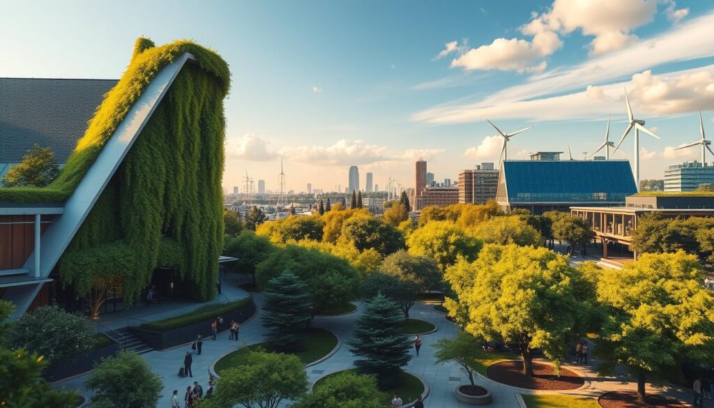 A serene, verdant cityscape bathed in warm, natural lighting. In the foreground, a modern, sustainable building with sleek, angular design and abundant greenery cascading from its facade. The middle ground features lush, flourishing trees and carefully curated public spaces, where people engage in eco-friendly activities. In the distance, the skyline showcases a harmonious blend of contemporary architecture and renewable energy infrastructure, such as solar panels and wind turbines. The overall atmosphere conveys a sense of environmental consciousness, innovation, and community wellbeing, reflecting the importance of ethical practices in civil engineering.
