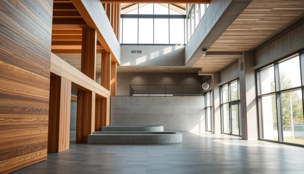 A serene, well-lit interior of a modern, eco-friendly building showcasing various sustainable construction materials. In the foreground, natural wooden beams and panels create a warm, inviting ambiance. In the middle ground, sleek, textured concrete walls and floors demonstrate the durability and aesthetic appeal of sustainable materials. The background features large windows that flood the space with soft, natural lighting, highlighting the integration of energy-efficient design. The overall mood is one of tranquility, sophistication, and a harmonious balance between form and function, exemplifying the principles of sustainable civil engineering.