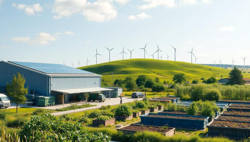 A serene, well-lit landscape showcasing sustainable waste solutions. In the foreground, a modern recycling facility with solar panels on the roof, processing various recyclable materials. In the middle ground, a community garden thriving amidst composting bins and worm farms. In the background, a rolling green hill dotted with wind turbines, symbolizing renewable energy powering the sustainable infrastructure. The scene exudes a sense of environmental harmony, balance, and a circular economy in action.
