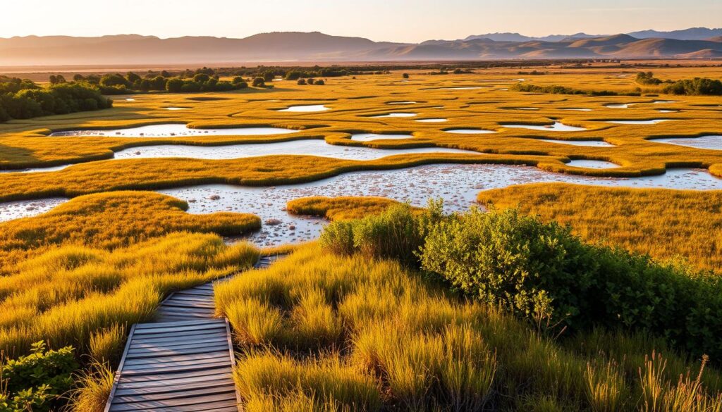 A serene wetland landscape filled with lush vegetation, tranquil waters, and diverse wildlife. In the foreground, a boardwalk trail meanders through the marshes, offering a glimpse into the intricate ecosystem. The middle ground showcases a series of shallow ponds and gentle slopes, designed to filter and purify the water. In the distance, a backdrop of rolling hills and a warm, golden-hour sky create a harmonious and inviting atmosphere. The lighting is soft and diffused, casting natural shadows and highlights that accentuate the organic textures and shapes. The camera angle is slightly elevated, providing a panoramic view that captures the essence of a well-designed, functional constructed wetland.