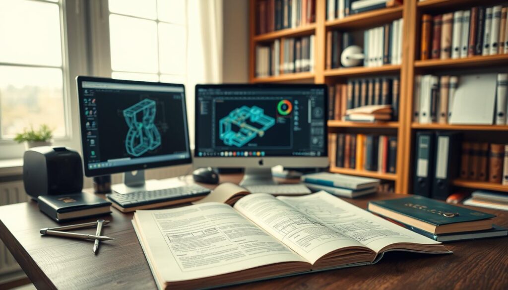 A serene workspace filled with essential resources for the aspiring professional engineer. On the desk, an open textbook, a drafting compass, and a computer displaying engineering CAD software. Bookshelves in the background hold technical manuals, standards, and code references. Soft, diffused lighting from a large window casts a warm glow, evoking a contemplative atmosphere conducive to focused study and preparation. The scene conveys the diligence and attention to detail required to navigate the PE licensing process, guiding the viewer towards a successful career in engineering.