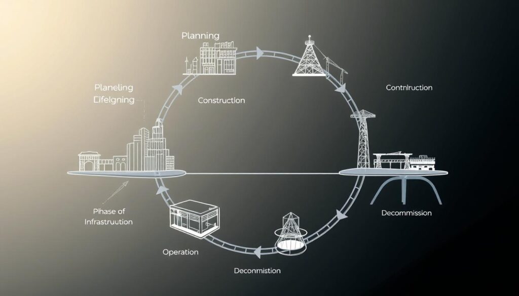 A series of interconnected wireframe models depicting the phases of infrastructure lifecycle: planning, design, construction, operation, and decommissioning. Rendered in a technical, engineering-inspired style with muted colors and clean lines. Smooth camera angles showcase the flow of the lifecycle, with subtle lighting and depth of field effects. The overall composition emphasizes the cyclical, iterative nature of infrastructure management, conveying a sense of forward progress and continuous improvement.