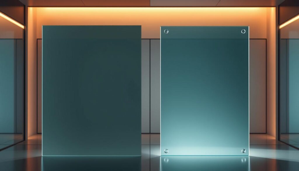 A side-by-side comparison of a traditional glass pane and a sleek, advanced smart glass panel. In the foreground, the traditional glass appears rigid and opaque, contrasting sharply with the dynamic, translucent smart glass. The smart glass showcases its variable tint capabilities, gradually shifting from clear to a soft, muted tone, demonstrating its energy-efficient properties. The background features a minimalist, high-tech setting, bathed in warm, directional lighting that accentuates the distinct visual characteristics of the two glass types. The scene conveys the power of smart glass technology to outperform conventional glass, highlighting its potential to revolutionize architectural design and energy management.